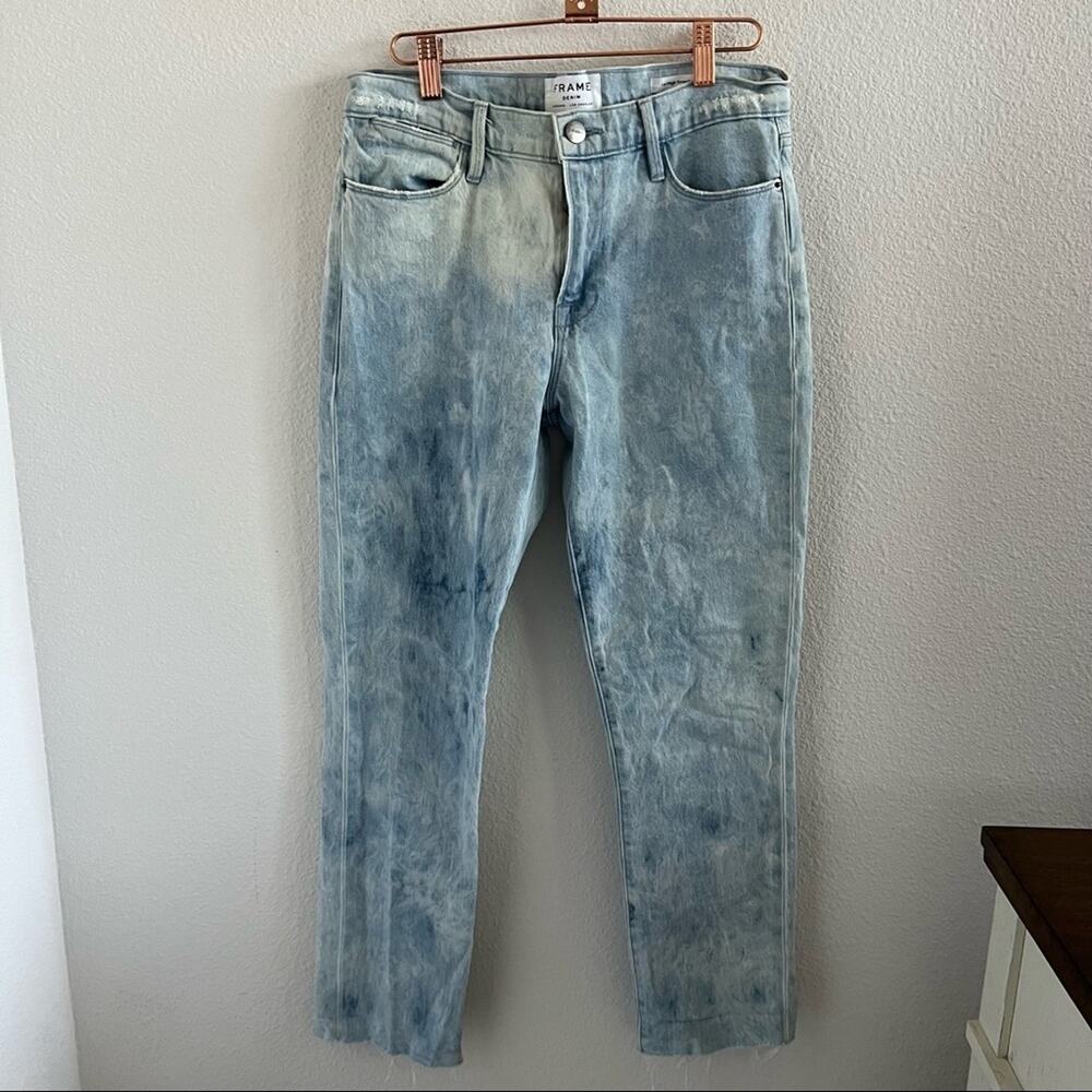 FRAME Denim Le High Straight Jeans Acid Wash Trendy Y2K Vibes Fray Folded Hem 28